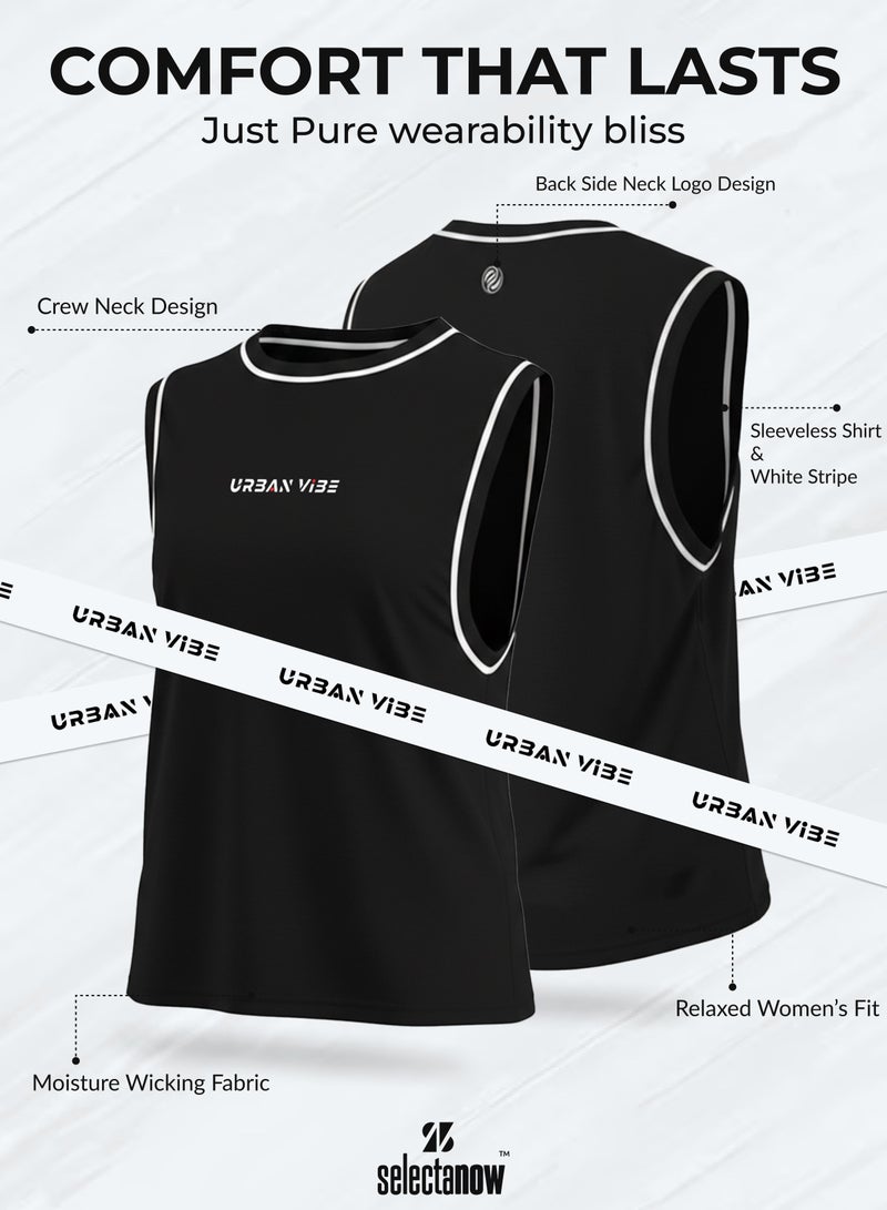 Selecta Now Ladies Sleeveless Cotton T-Shirt Black Breathable Contrast Piping Tank Top Soft Stretchable Women’s T Shirt - Image 3